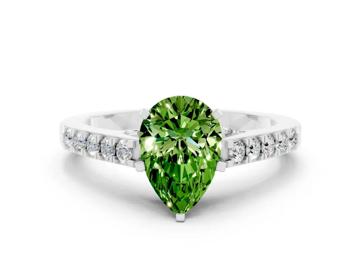 Pear Cut Peridot Solitaire Ring with Crossover Gallery and Round Pavé Band Silver