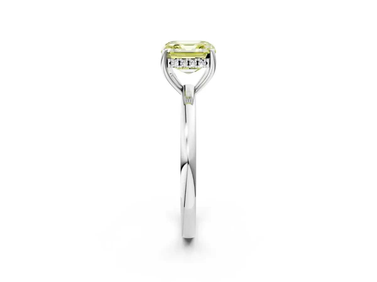 Fancy Yellow Asscher Cut Solitaire Diamond Ring with Prong Setting and Plain Band Silver