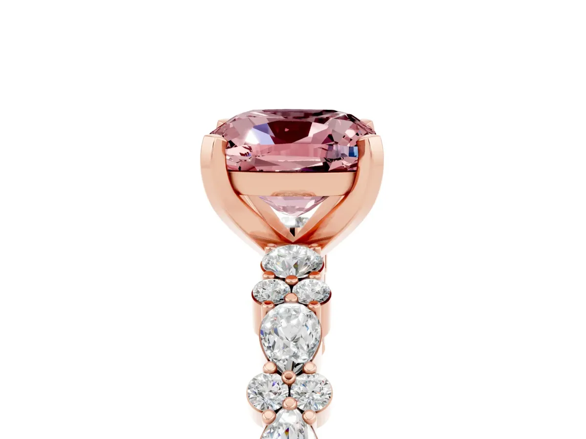Cushion Cut Morganite Side Stone Solitaire Ring with Round and Four-Prong Setting Rose gold