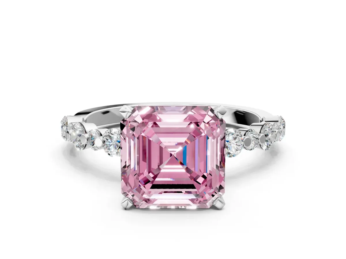 Fancy Pink Asscher Cut Diamond Prong Set Engagement Ring with Pavé Band Platinum