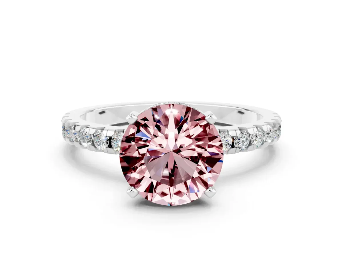 Round Cut Morganite Solitaire Ring with Round Pavé Band and Four-Prong Setting Silver