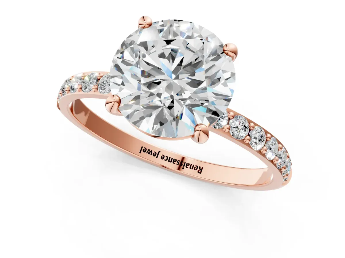 Round Cut Diamond Solitaire Ring with Round Pavé Band and Prong Setting Rose gold