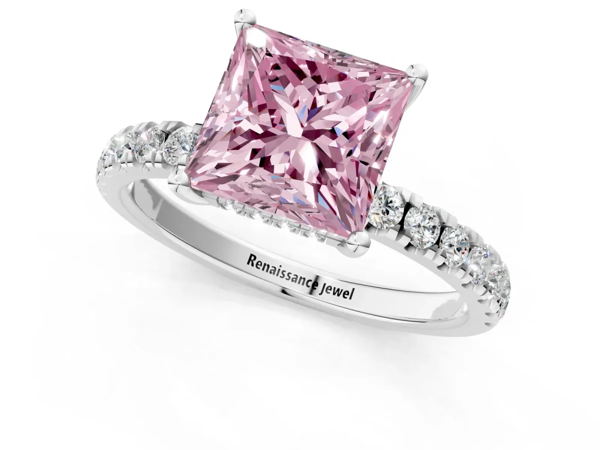 Fancy Pink Princess Cut Diamond Pave Band Solitaire Ring with Round and Prong Setting Silver