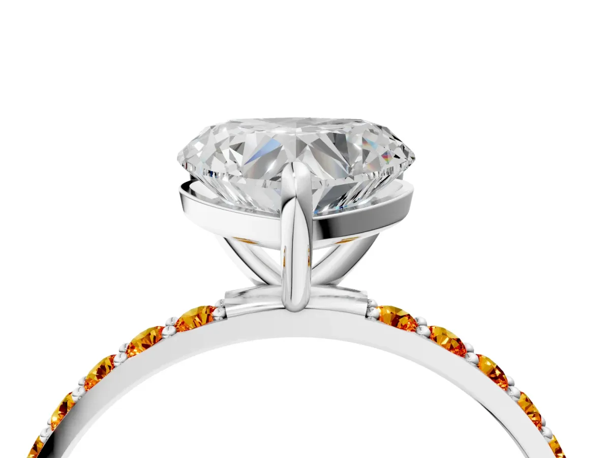 Heart Cut Diamond Solitaire Ring with Round Citrine Pavé Band and Prong Setting Silver