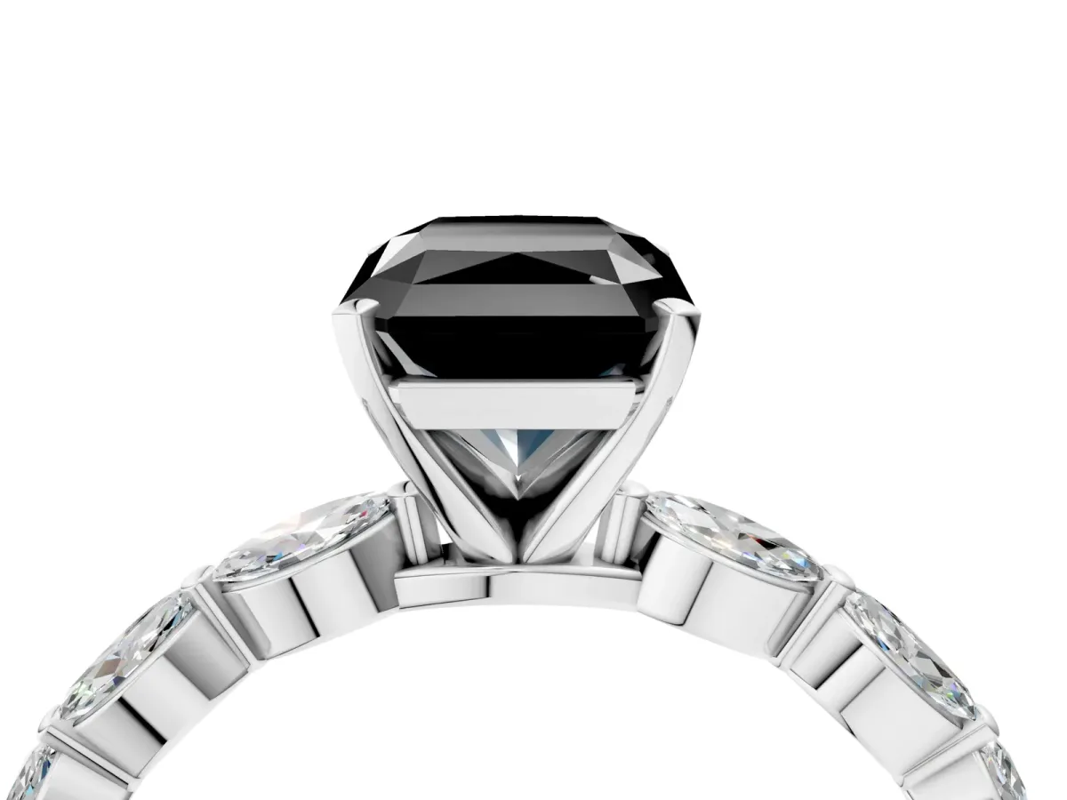 Fancy Black Radiant Cut Diamond Ring with Marquise Side Stones and Prong Setting Platinum