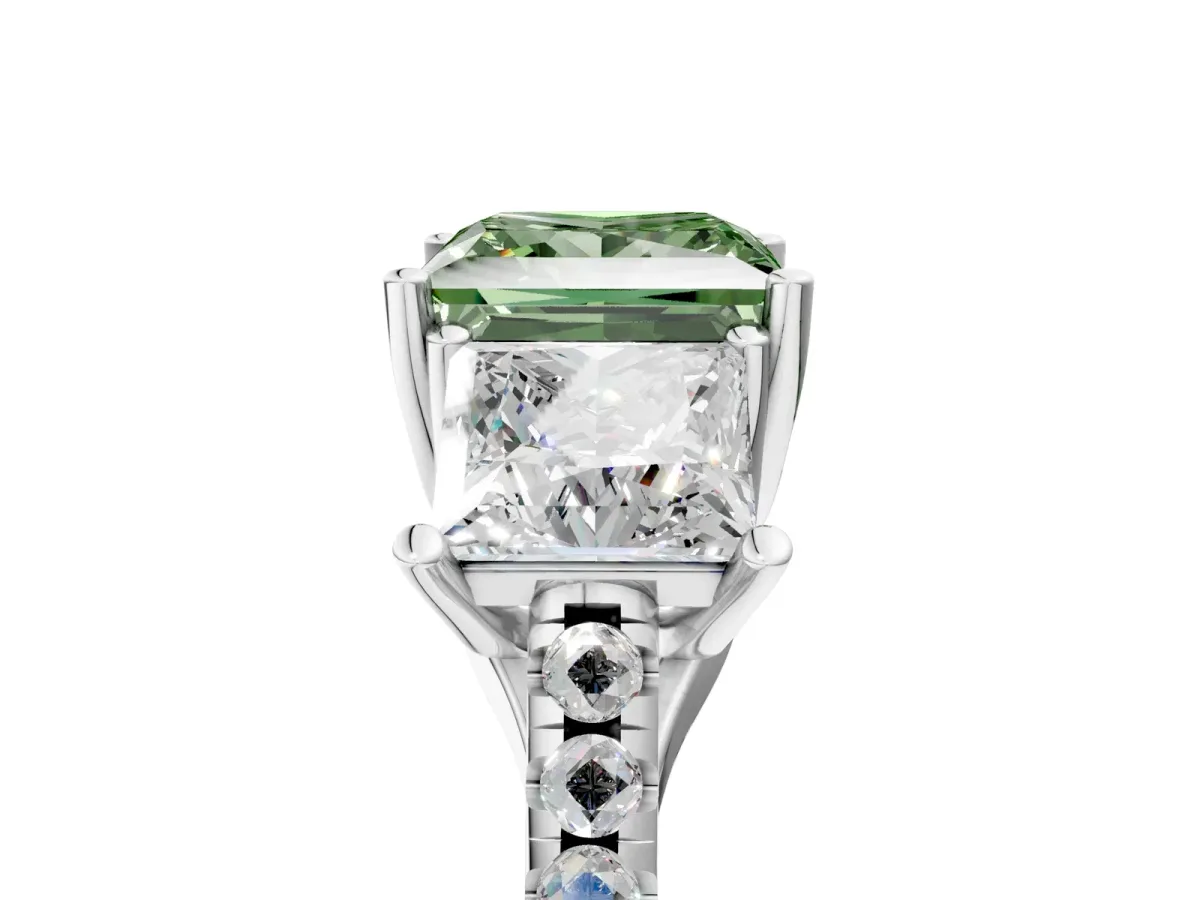 Fancy Green Three-Stone Princess Cut Diamond Ring with Round Pavé Band and Prong Setting Silver