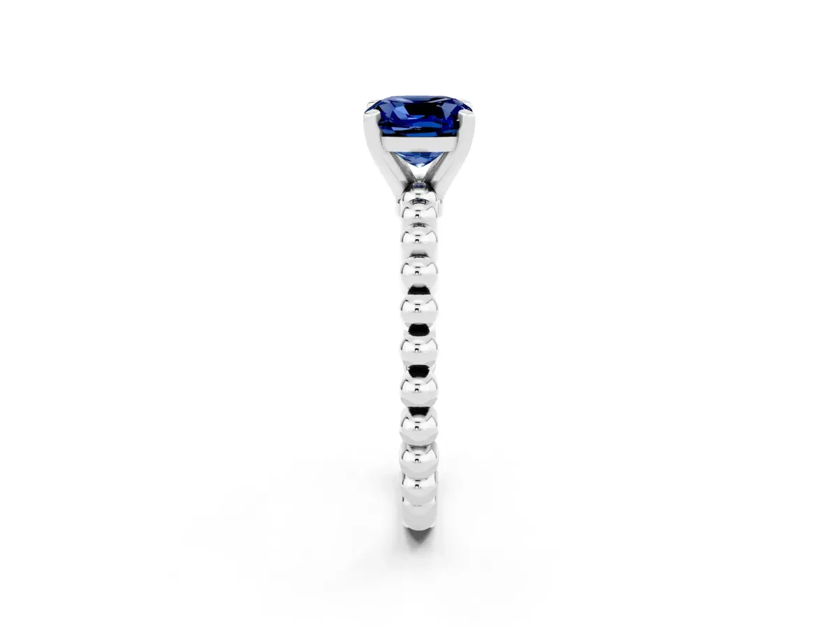 Cushion Cut Blue Sapphire Solitaire Ring with Beaded Band and Prong Setting Silver