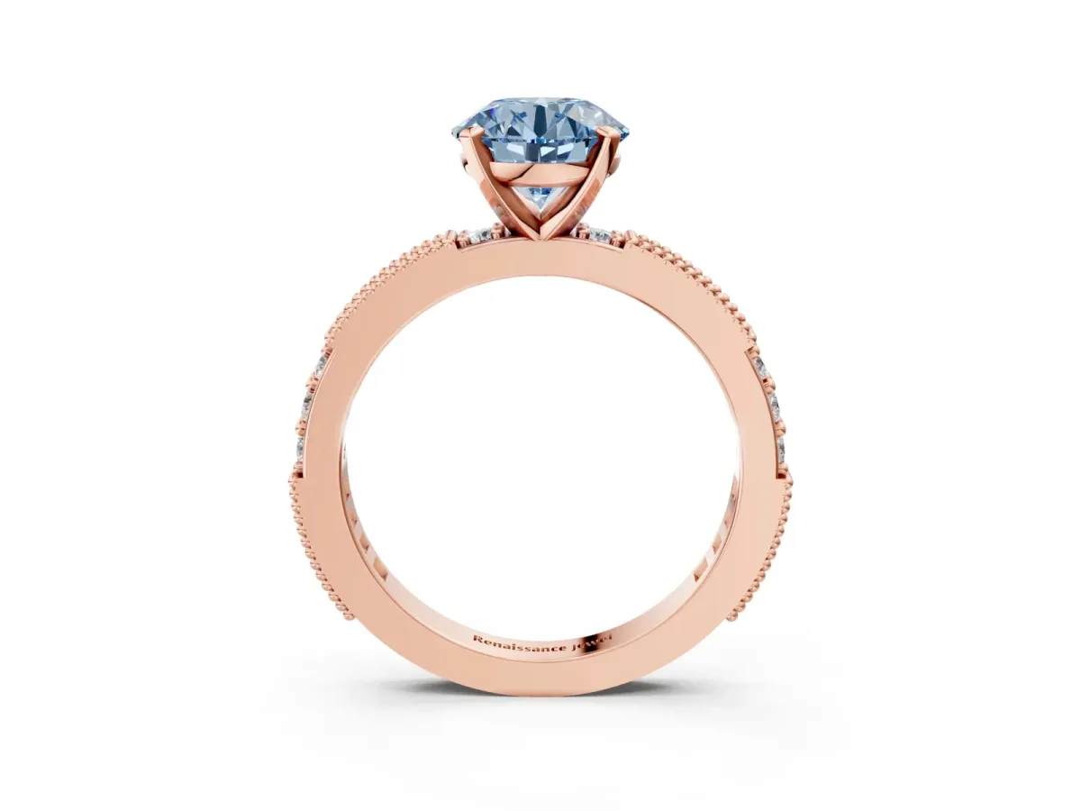 Fancy Blue Round Cut Solitaire with Pavé Band and Four-Prong Setting Rose gold