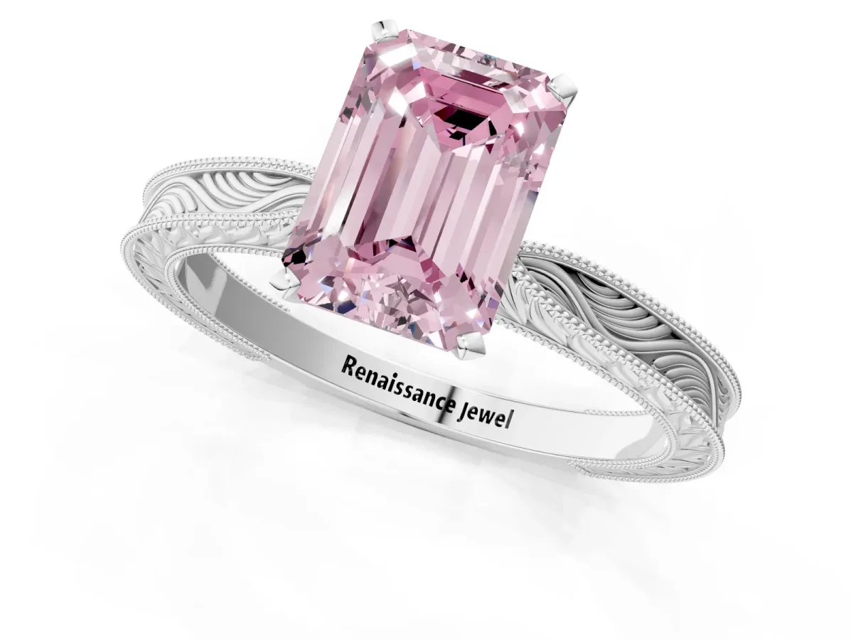 Fancy Pink Emerald Cut Solitaire Milgrain Engraved Band with Four-Prong Setting White gold