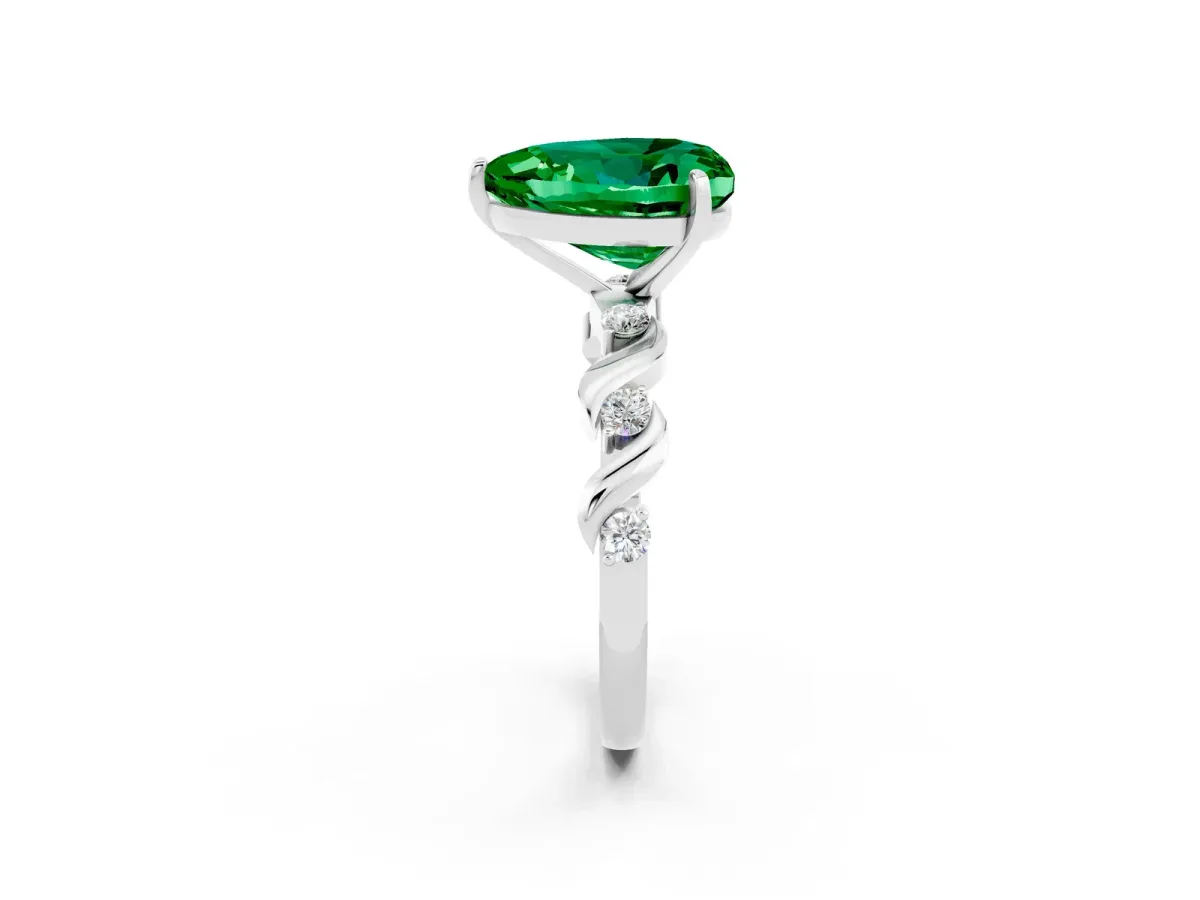 Heart Cut Emerald Solitaire Twisted Band with Round Accents and Prong Setting Silver
