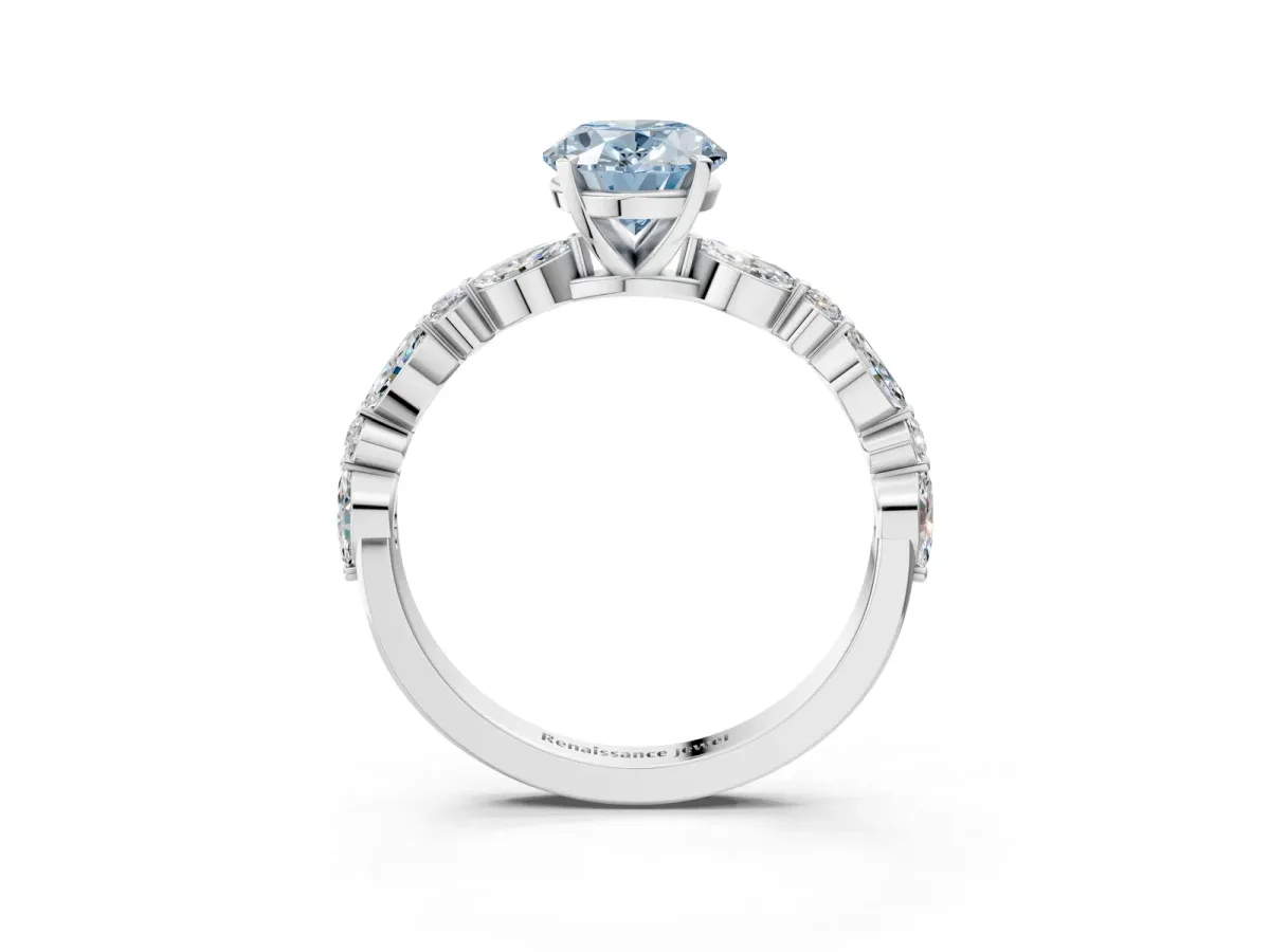 Fancy Blue Oval Cut Diamond Ring with Marquise and Round Side Stones and Four-Prong Setting Silver