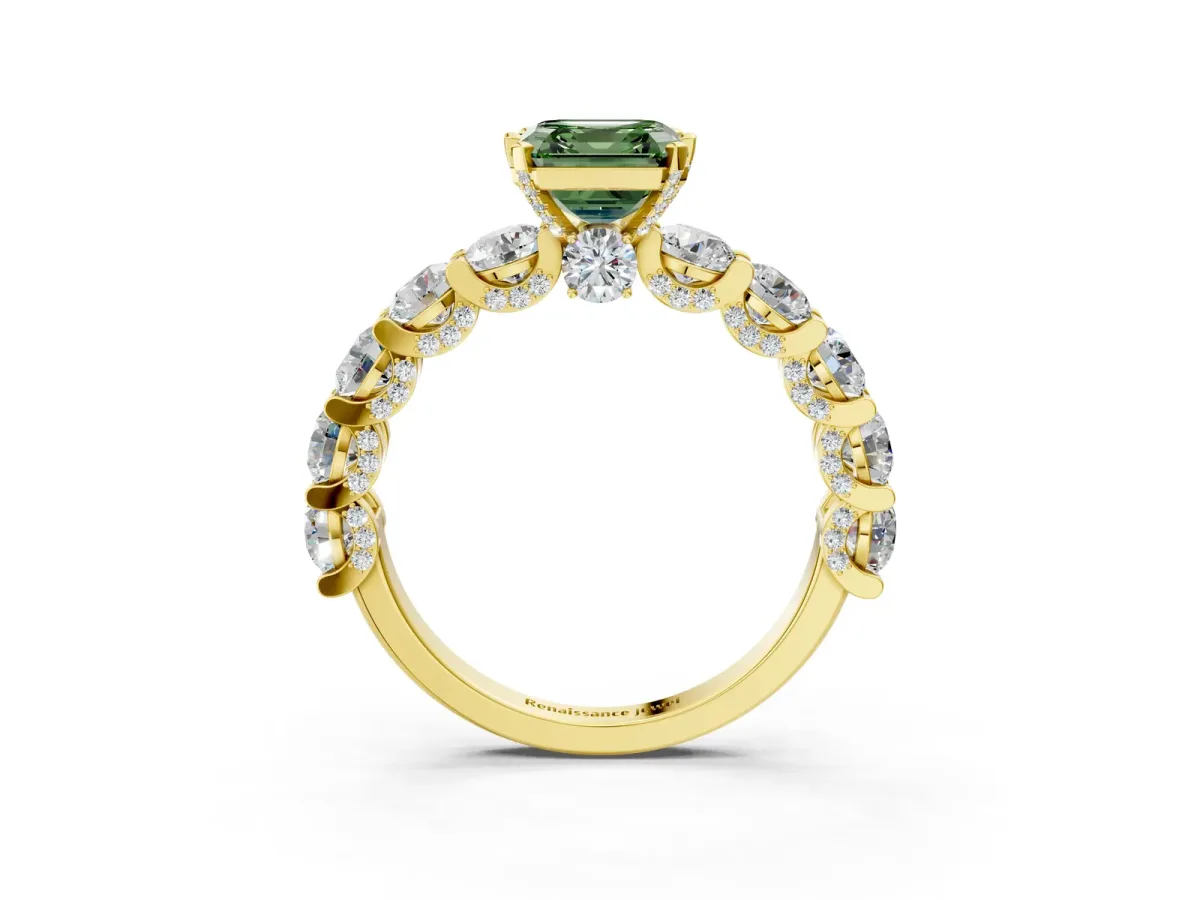 Fancy Green Asscher Cut Diamond Side Stone Engagement Ring with Four-Prong Setting Yellow gold
