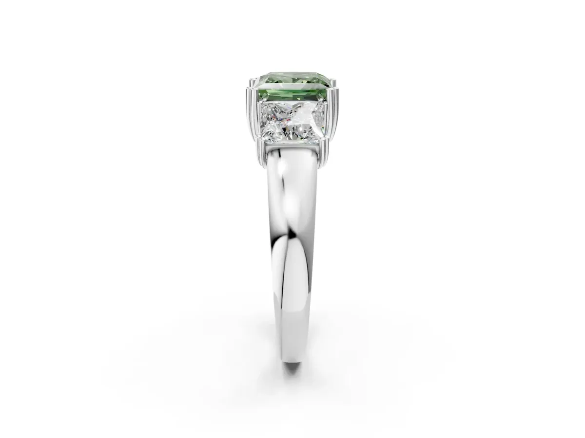 Fancy Green Three-Stone Princess Cut Cut Diamond Ring with Channel Set Band and Four-Prong Setting Silver