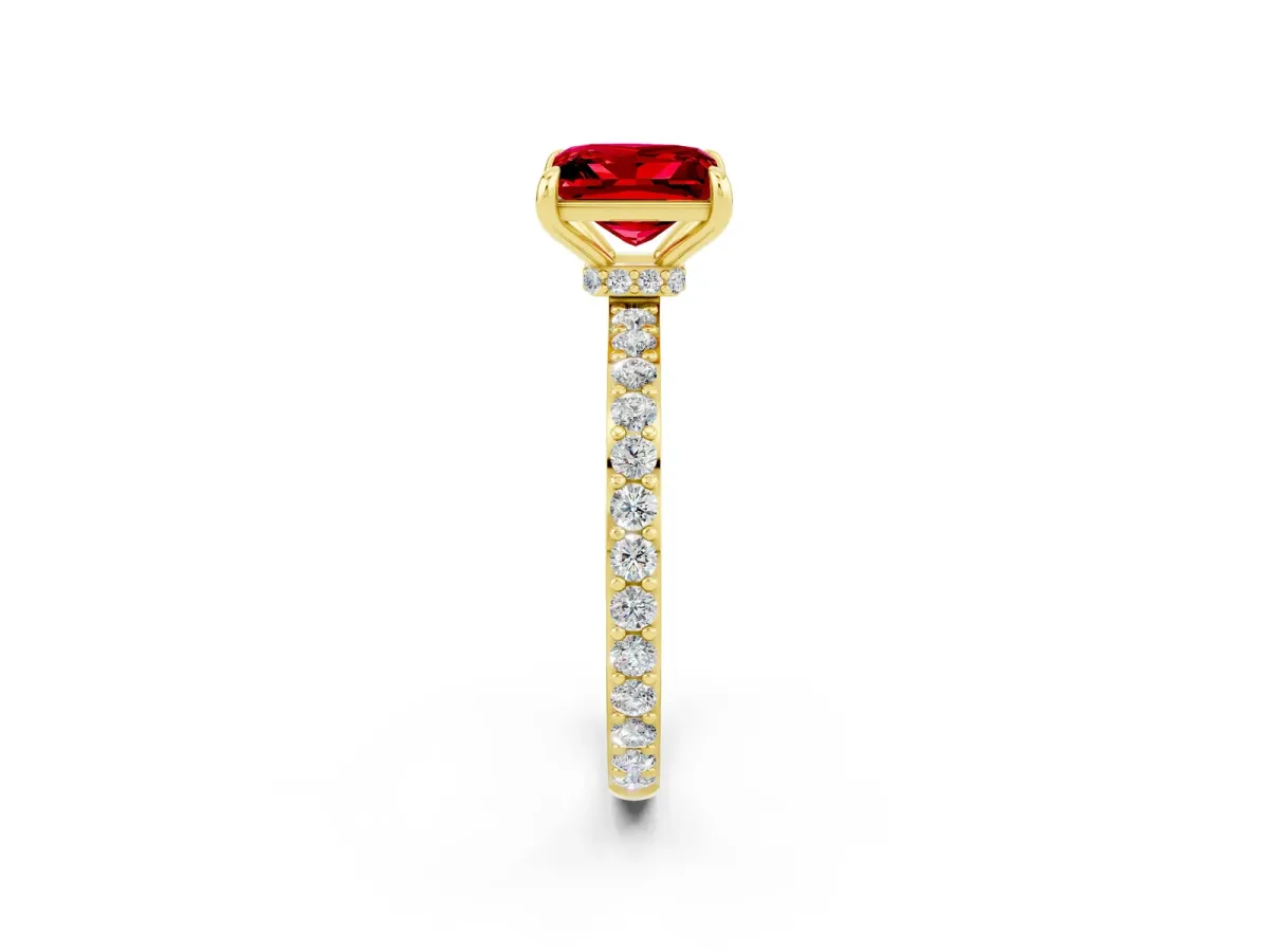Princess Cut Ruby Solitaire Engagement Ring with Pavé Band and Four-Prong Setting Yellow gold