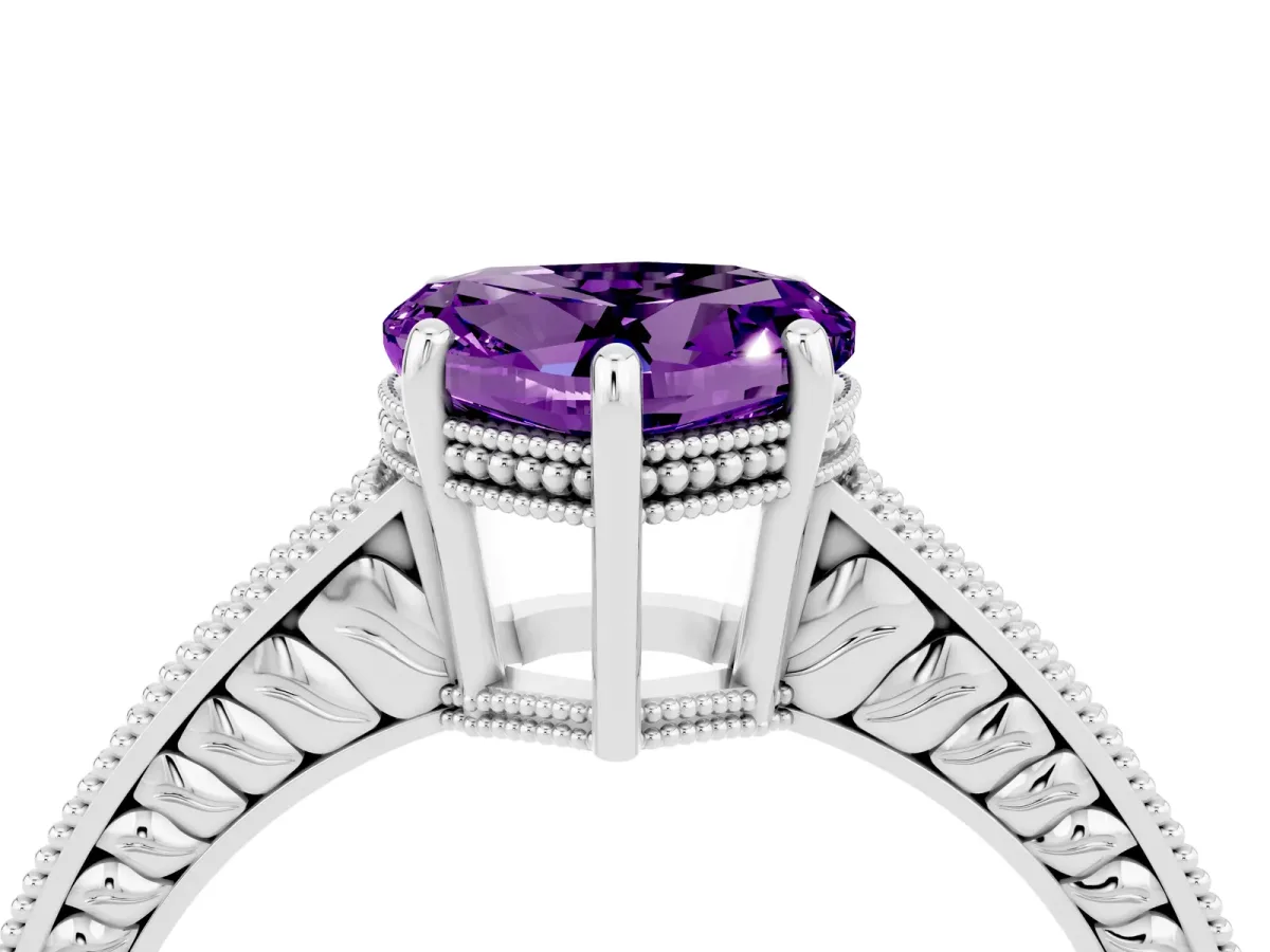 Heart Cut Amethyst Ring with Milgrain Pavé Band and Four-Prong Setting Platinum
