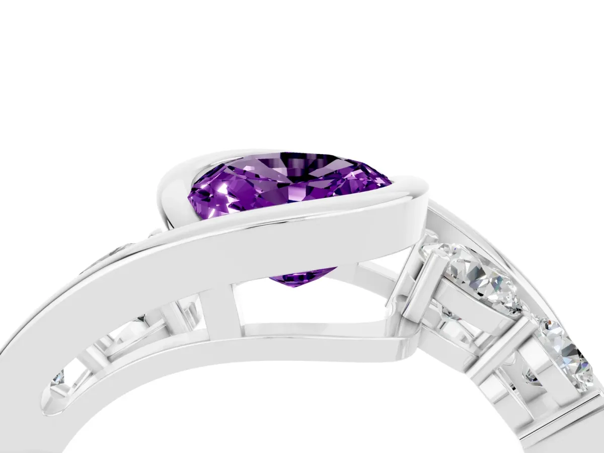 Bezel Set Oval Cut Amethyst Bypass Ring with Round Accents Platinum