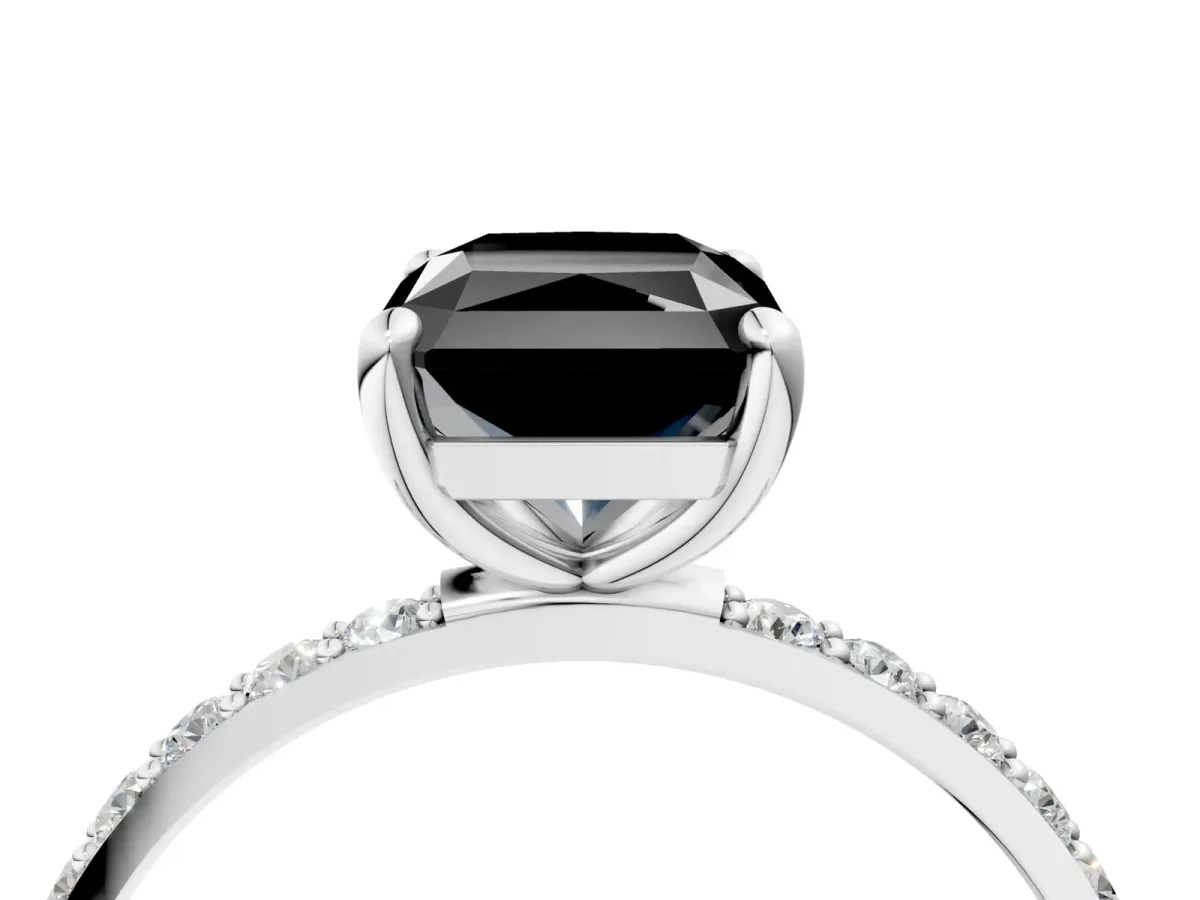 Fancy Black Radiant Cut Diamond Solitaire Ring with Round Pavé Band and Prong Setting Silver