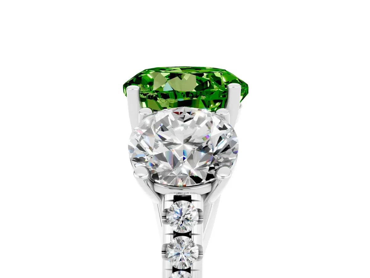 Three-Stone Round Cut Peridot Ring with Round Pavé Band and Prong Setting Platinum