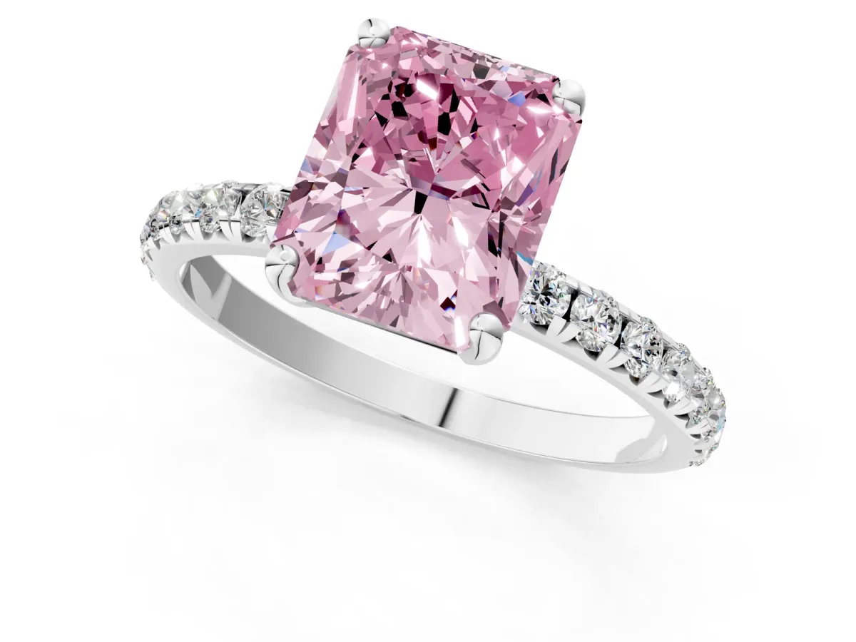 Fancy Pink Radiant Cut Cut Diamond Solitaire Ring with Micro Pave Band and Four Prong Setting Platinum