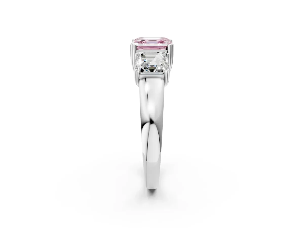 Fancy Pink Three-Stone Asscher Cut Cut Diamond Ring with Channel Set Band and Four-Prong Setting Silver