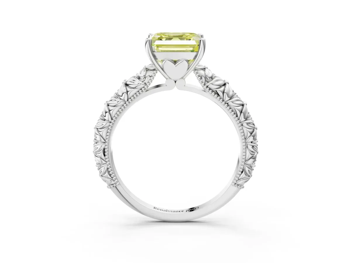 Fancy Yellow Asscher Cut Solitaire Floral Milgrain Engagement Ring Platinum