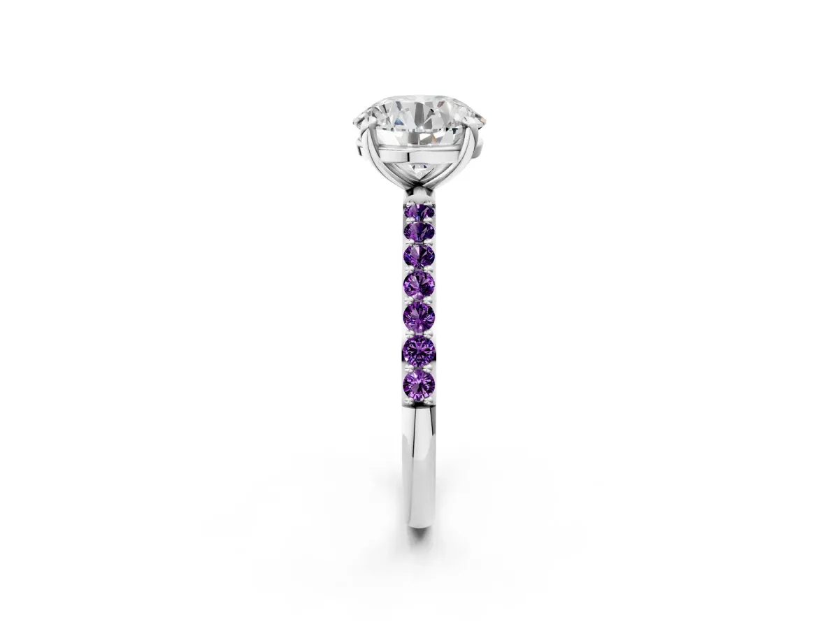 Round Cut Diamond Solitaire Ring with Round Amethyst Pavé Band and Prong Setting Silver