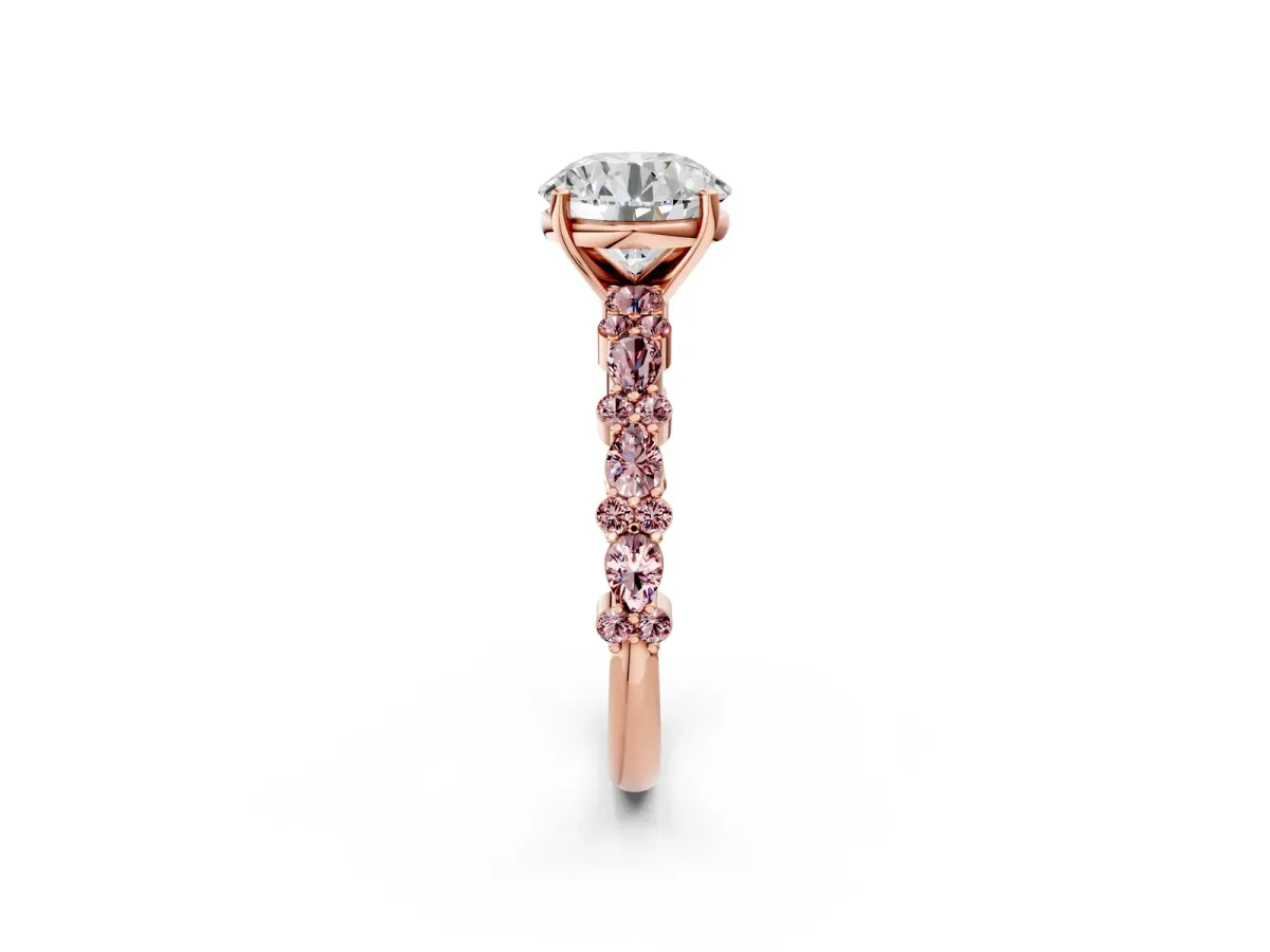 Round Cut Diamond Side Stone Solitaire Ring with Round Morganite and Four-Prong Setting Rose gold