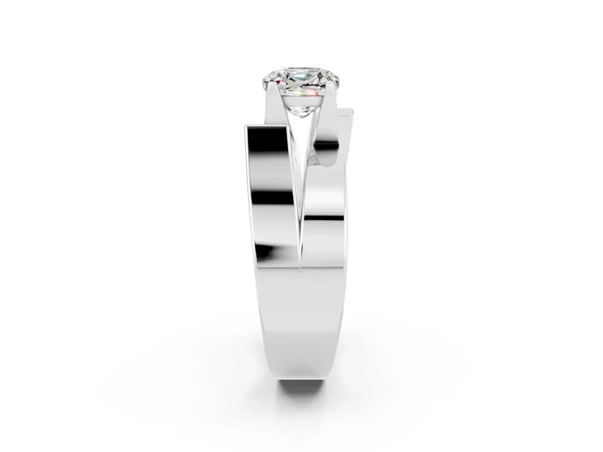 Modern Tension Set Cushion Cut Moissanite Solitaire Wide Band Ring Silver