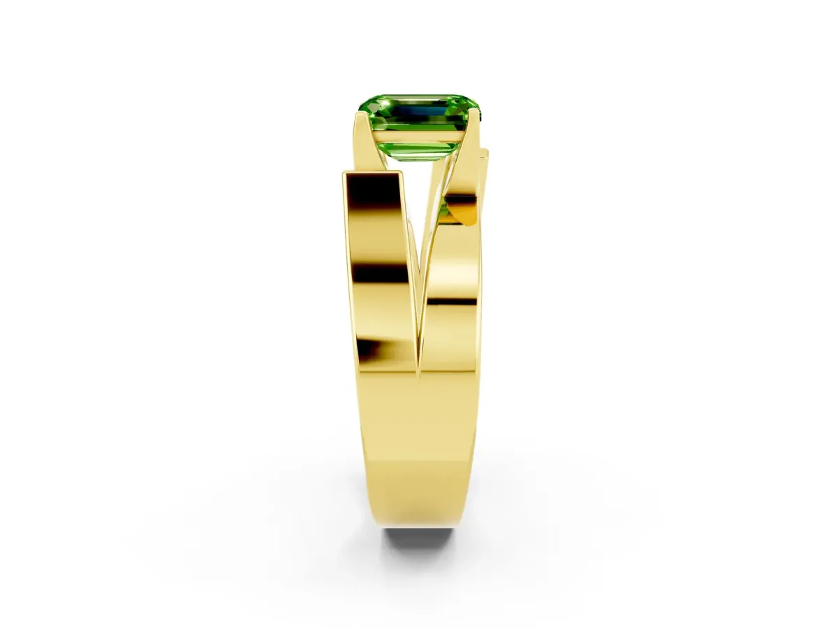 Modern Tension Set Emerald Cut Peridot Solitaire Wide Band Ring Yellow gold