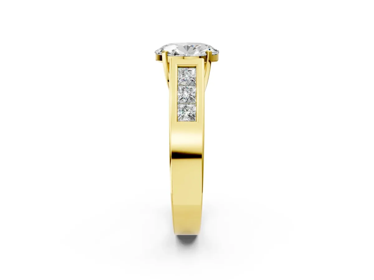 Oval Cut Cut Channel Set Solitaire Ring with Four-Prong Setting Yellow gold