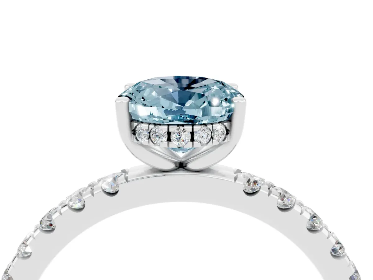 Oval Cut Aquamarine Pave Band Solitaire Ring with Round and Prong Setting Platinum