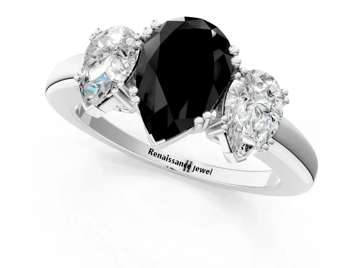 Fancy Black Three-Stone Pear Cut Cut Diamond Ring with Channel Set Band and Four-Prong Setting Platinum