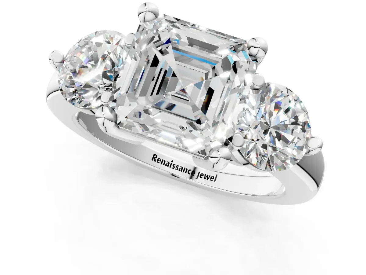 Three-Stone Asscher Cut Brilliant Cut Solitaire Ring with Prong Setting on a Classic Band Platinum
