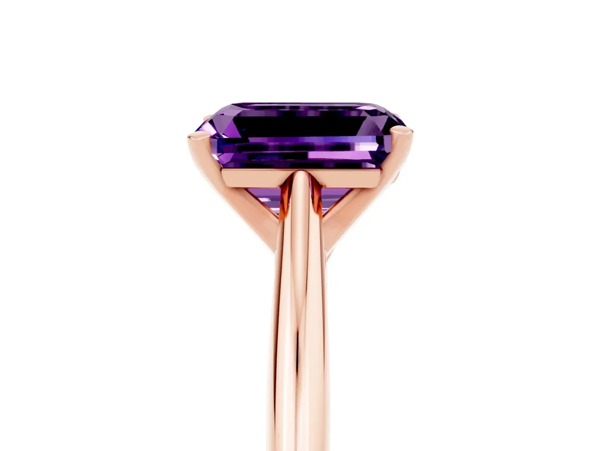 Emerald Cut Amethyst Solitaire Engagement Ring with Cathedral Setting and Four-Prong Mount Rose gold