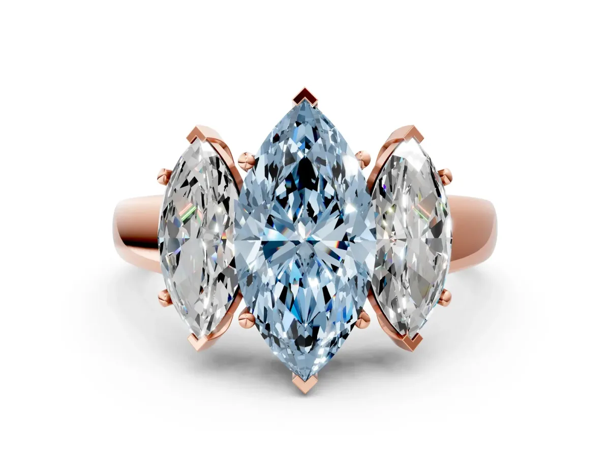 Fancy Blue Three-Stone Marquise Cut Cut Solitaire Ring with Classic Prong Setting Rose gold