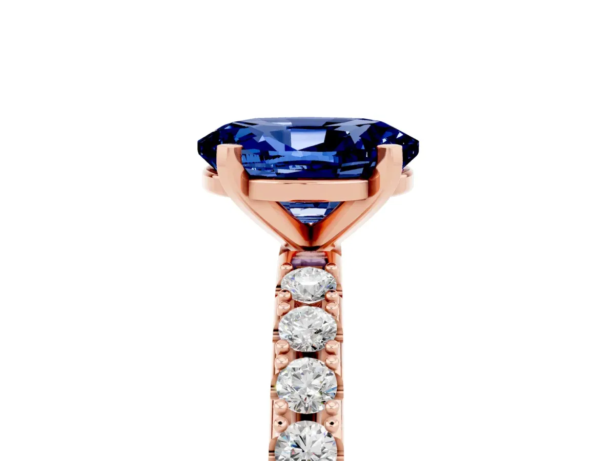 Oval Cut Blue Sapphire Solitaire Pavé Band with Four-Prong Setting Rose gold