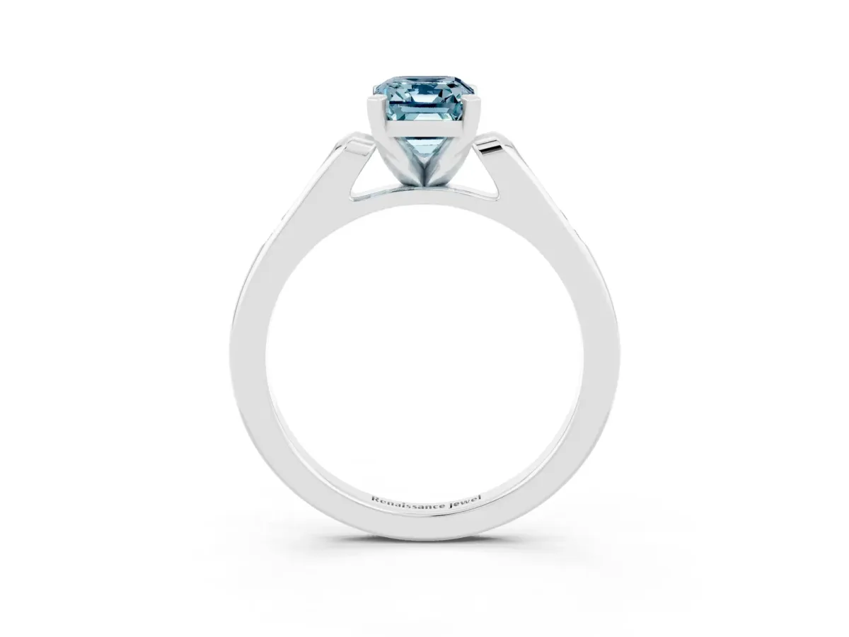 Emerald Cut Aquamarine Solitaire Ring with Channel Set Round Band and Prong Setting Silver