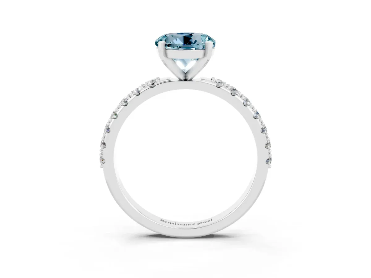 Round Cut Aquamarine Solitaire Pavé Band with Four-Prong Setting Silver