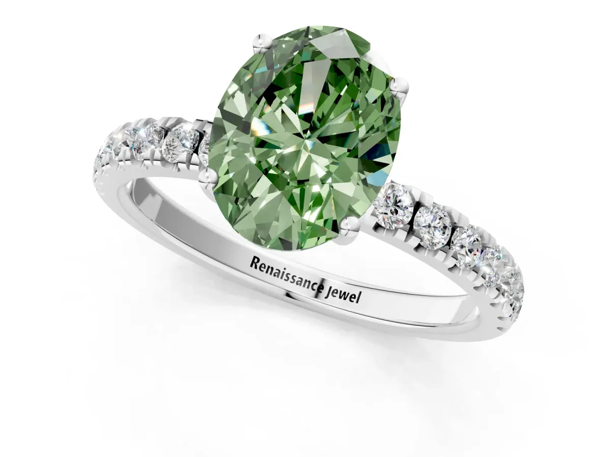 Fancy Green Oval Cut Diamond Pave Band Solitaire Ring with Round and Prong Setting Platinum