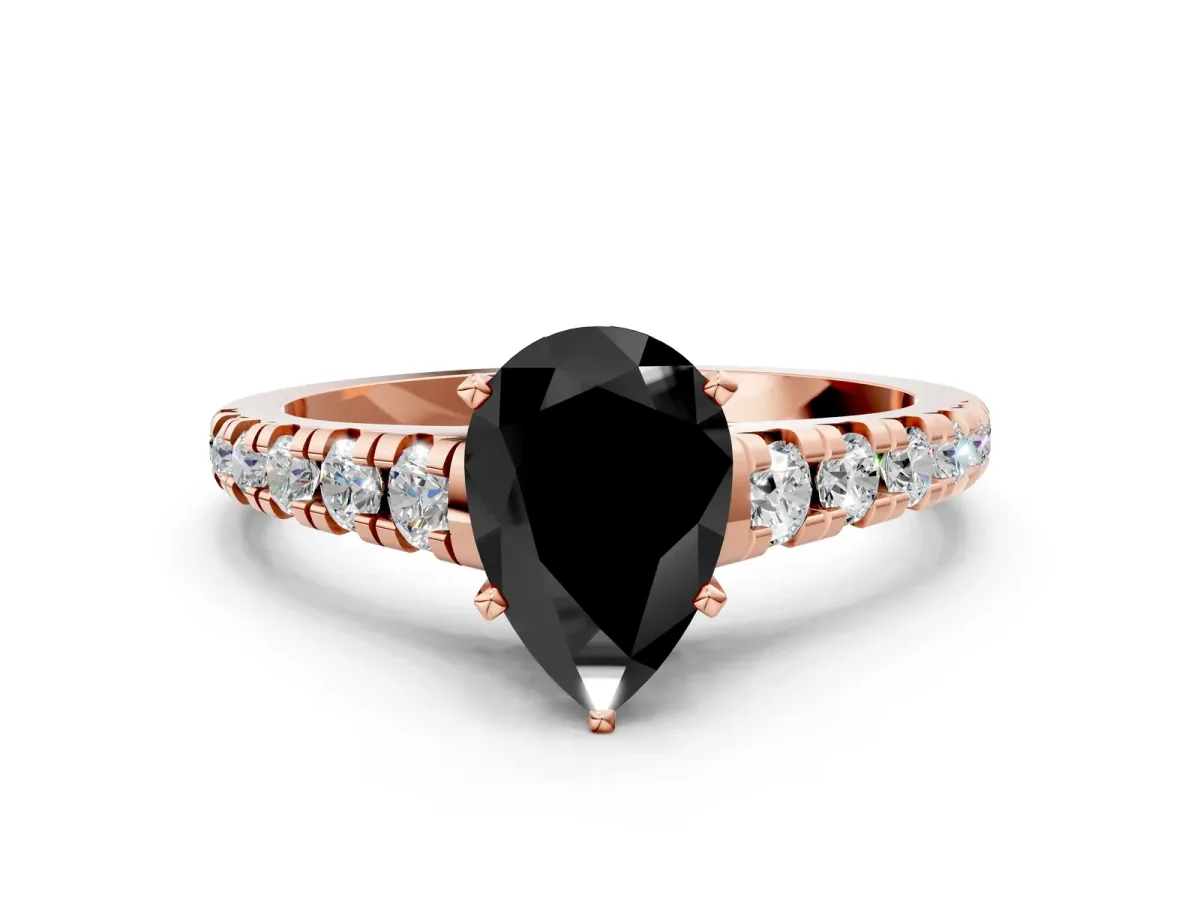 Fancy Black Pear Cut Diamond Cathedral Solitaire Ring with Round Pavé Band Rose gold