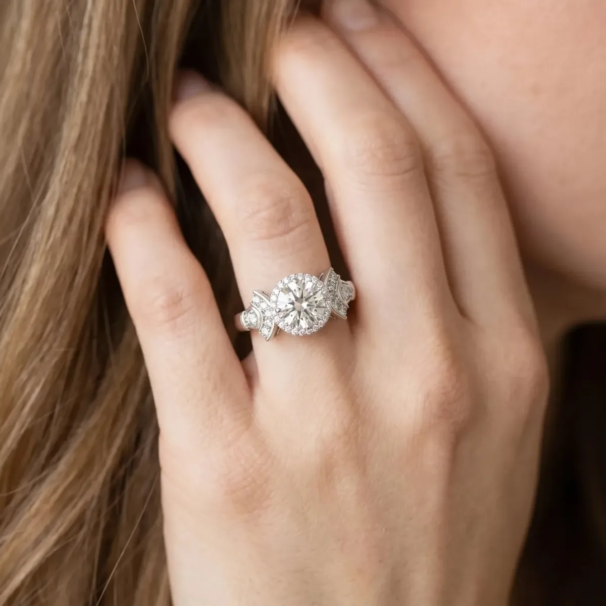 Round Cut Halo Diamond Split Shank Engagement Ring with Four-Prong Setting Silver