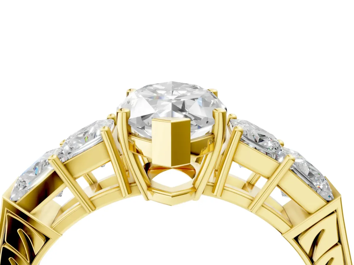 Marquise Cut Solitaire Princess Side Stone Engraved Band Prong Setting Ring Yellow gold