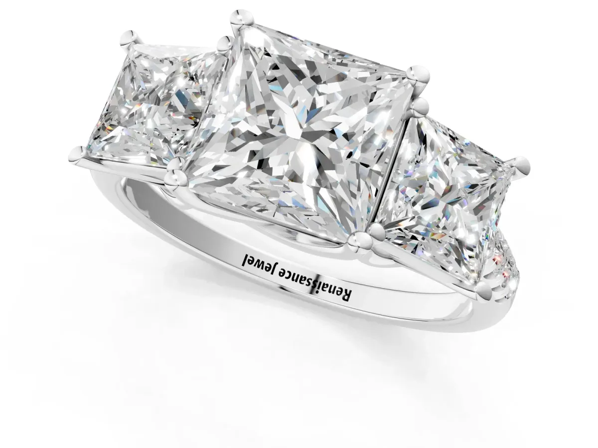 Three-Stone Princess Cut Diamond Ring with Round Moissanite Pavé Band and Prong Setting Silver