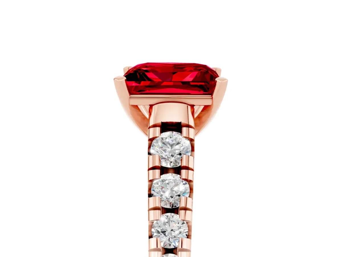 Princess Cut Ruby Cathedral Solitaire Ring with Round Pavé Band Rose gold
