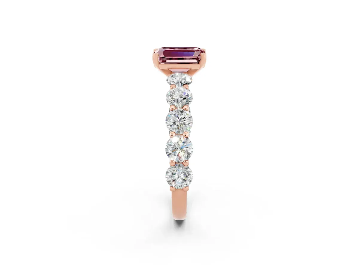 Emerald Cut Morganite Prong Setting with Side Stones on a Pave Band Rose gold