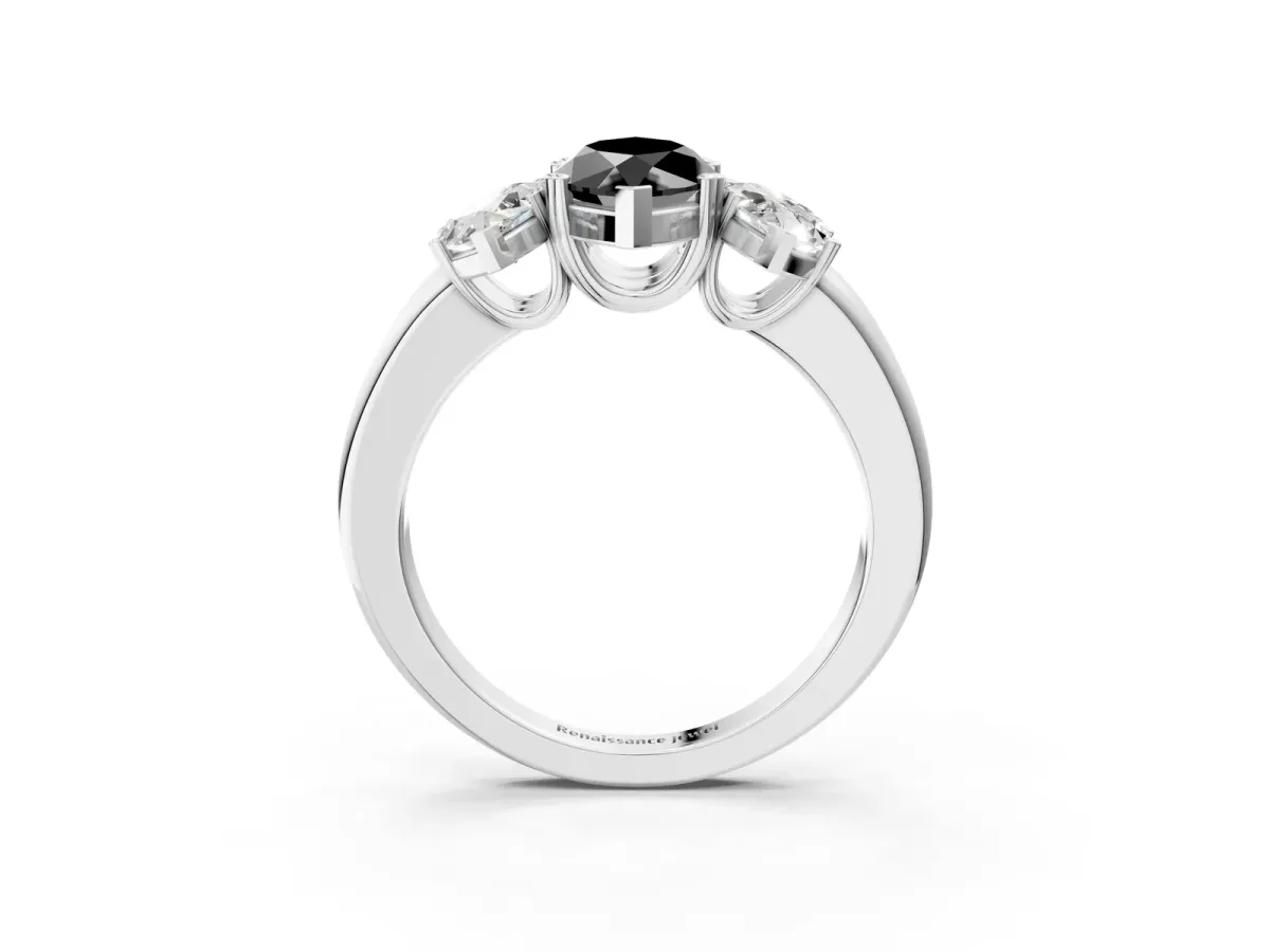 Fancy Black Three-Stone Marquise Cut Cut Diamond Ring with Channel Set Band and Four-Prong Setting Silver