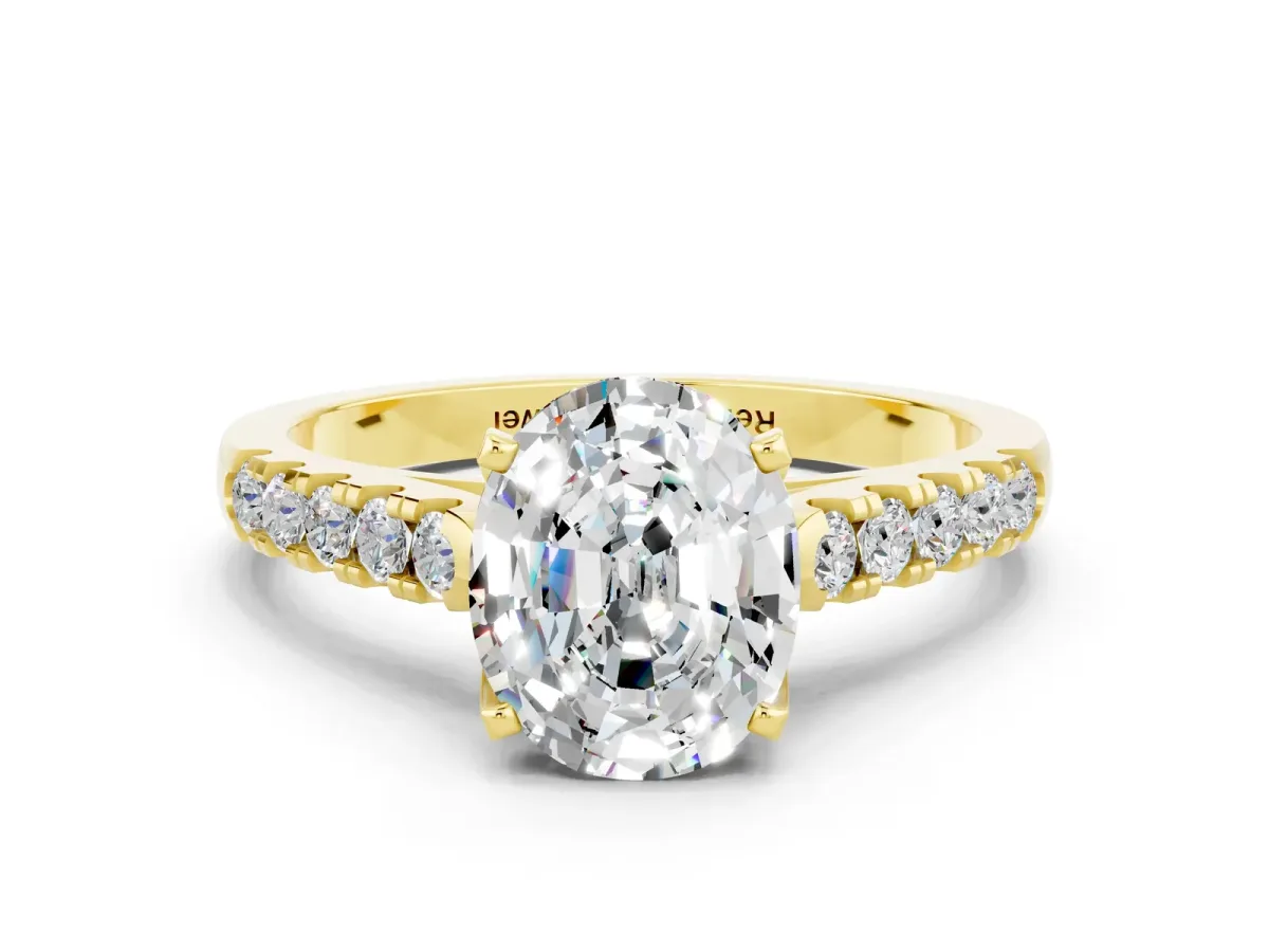 Oval Cut Moissanite Pavé Band Solitaire Ring with Prong Setting Yellow gold
