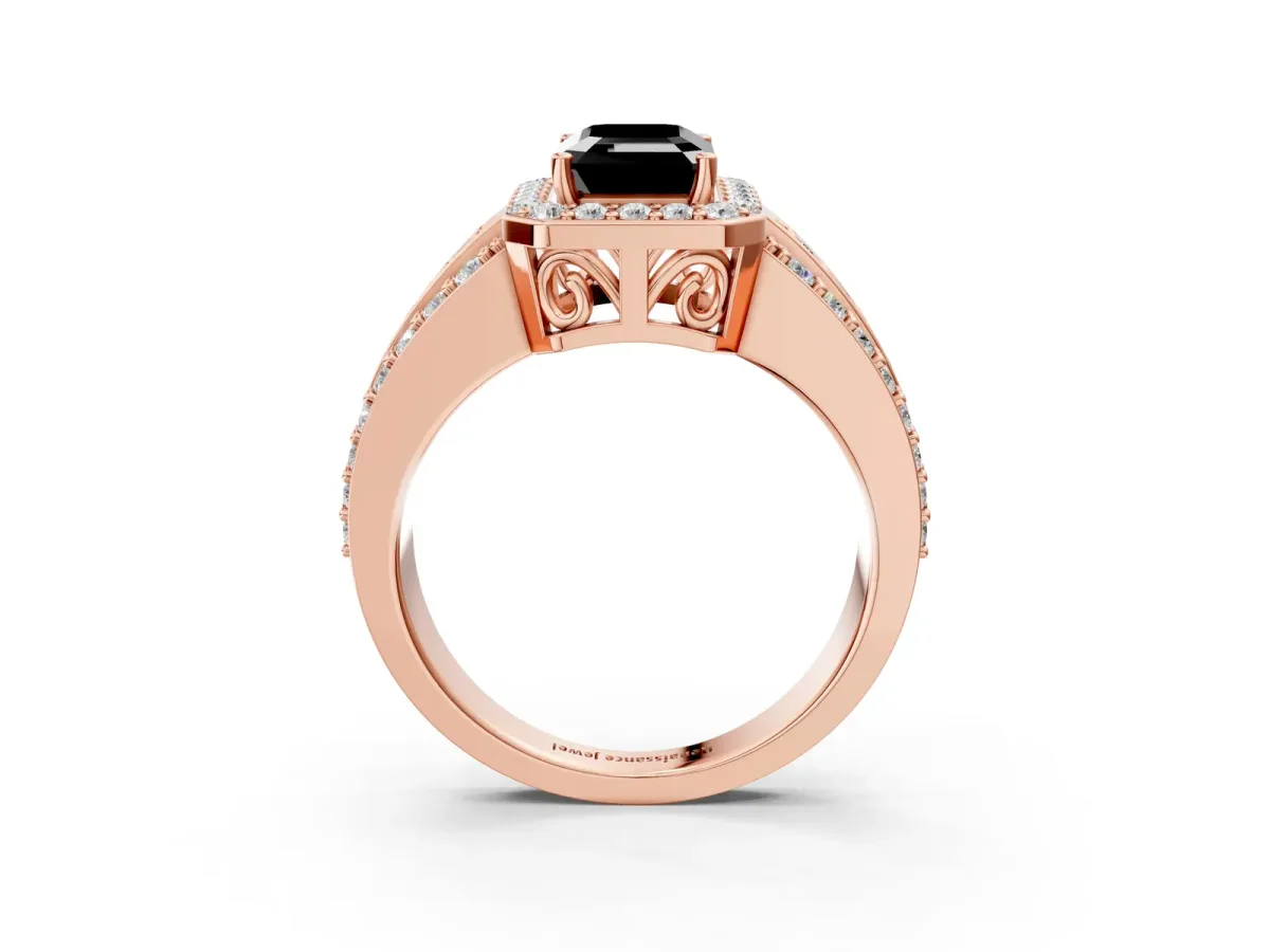 Fancy Black Emerald Cut Halo Diamond Ring with Round Split Shank and Prong Setting Rose gold