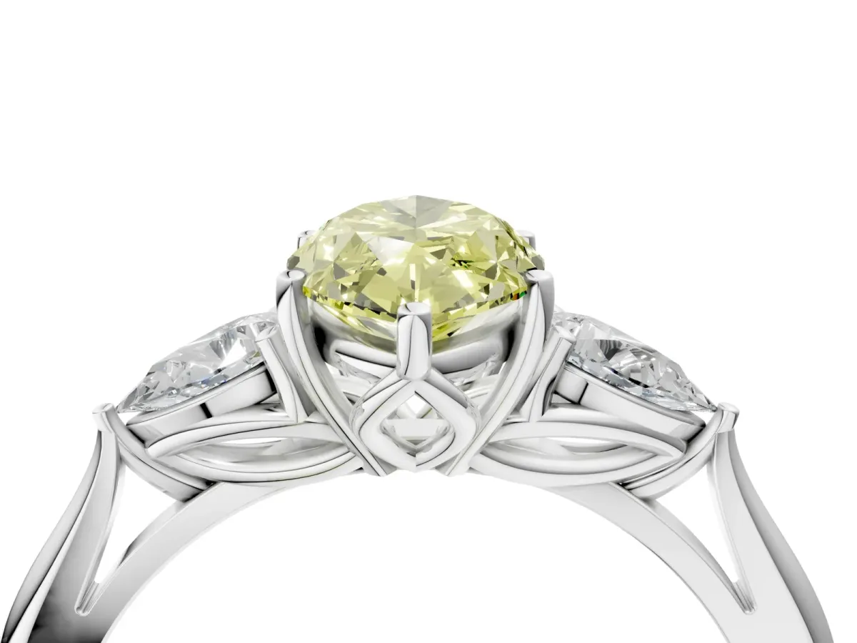 Fancy Yellow Marquise Cut Diamond Three-Stone Ring with Pear Side Stones and Prong Setting White gold