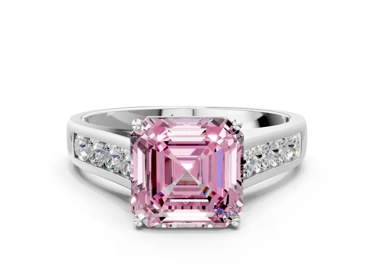 Fancy Pink Asscher Cut Brilliant Channel-Set Solitaire Ring with Four-Prong Setting Platinum